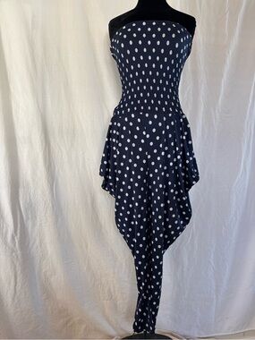 Navy White Polka Dot Strapless Jumpsuit Smocked Bodice Harem Pants Balloon Leg